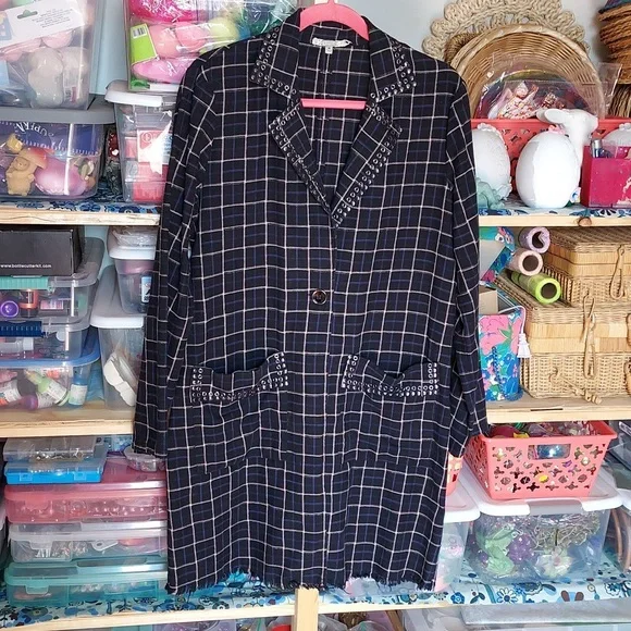EUC GIMMICKS by BKE Studded Plaid Finge Duster Jacket MD - Picture 5 of 8